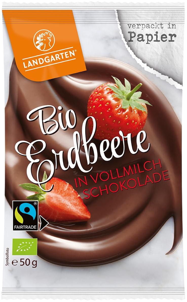 Landgarten Bio Erdbeere in Vollmilch-Schokolade – 10x 50g | 100% Bio & Fairtrade – gefriergetrocknete Erdbeeren in zartschmelzender Vollmilchschokolade – fruchtiger Premium-Snack für Genussmomente