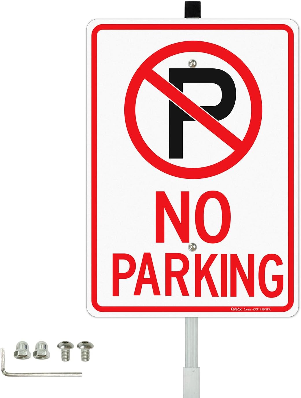 Faittoo No Parking Signs with 36" Stake for Outside, 4-Pack 14"x10" Rust Free Heavy Aluminum, Reflective, Fade Resistant, 2 pre-drilled holes, Includes Matching Screws & Wrench, Easy to Mount