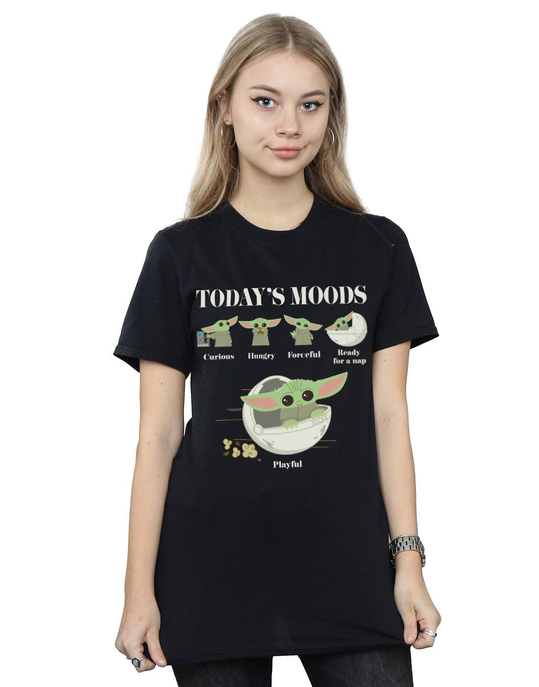 Absolute Cult Women's Black Star Wars The Mandalorian The Child Moods Boyfriend Fit T-Shirt Medium
