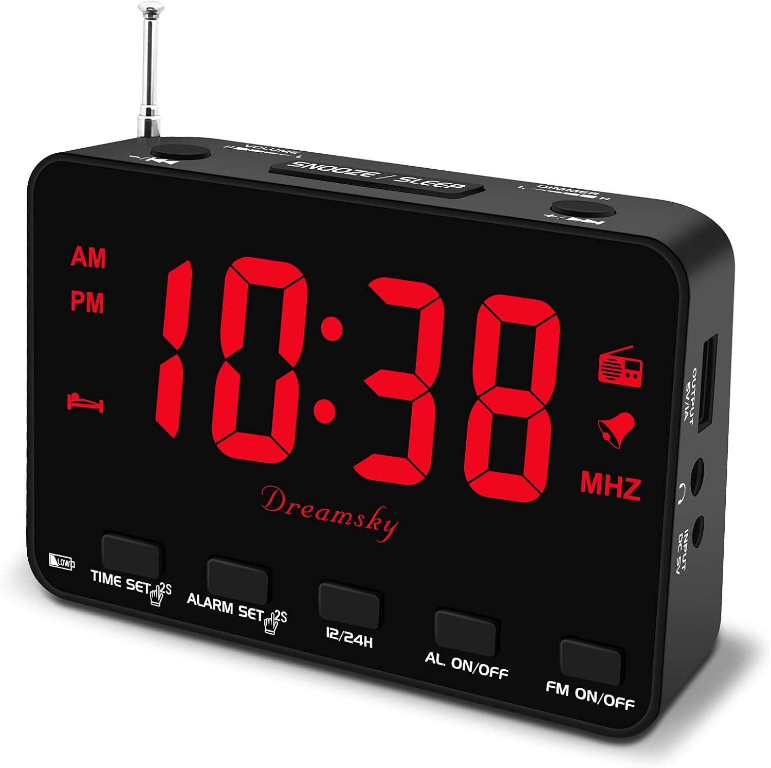 DreamSky Alarm Clock Radio for Bedroom - Small Digital Clock with USB Port, Outlet Powered with Battery Backup, 0-100% Dimmable Display, Transistor FM Radio with Earphone Jack, Snooze, 12/24H