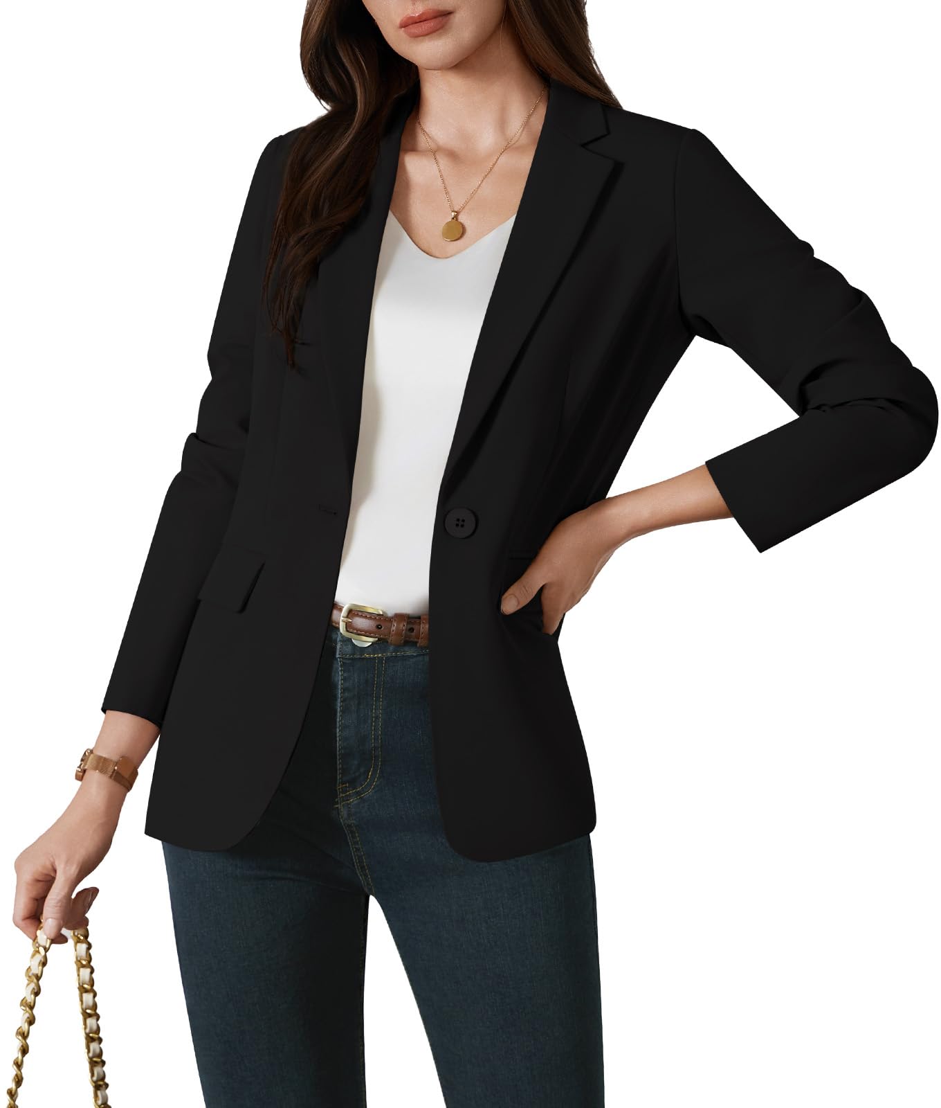 Blazer Femme élégant Business Casual Manches Longues Un Bouton Revers à Rabat Veste de Costume pour Bureau