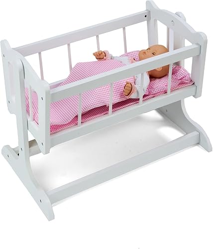 Miniatura 6 de Badger Basket Cama de muñeca estilo reliquia de juguete con ropa de cama a cuadros para muñecas de 20 pulgadas, blancorosa