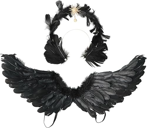 YOOJIA Halloween Angel Devil Feather Wings with Headband Fluffy Hair Hoop Costume Accessories for Christmas Dress Up Party
