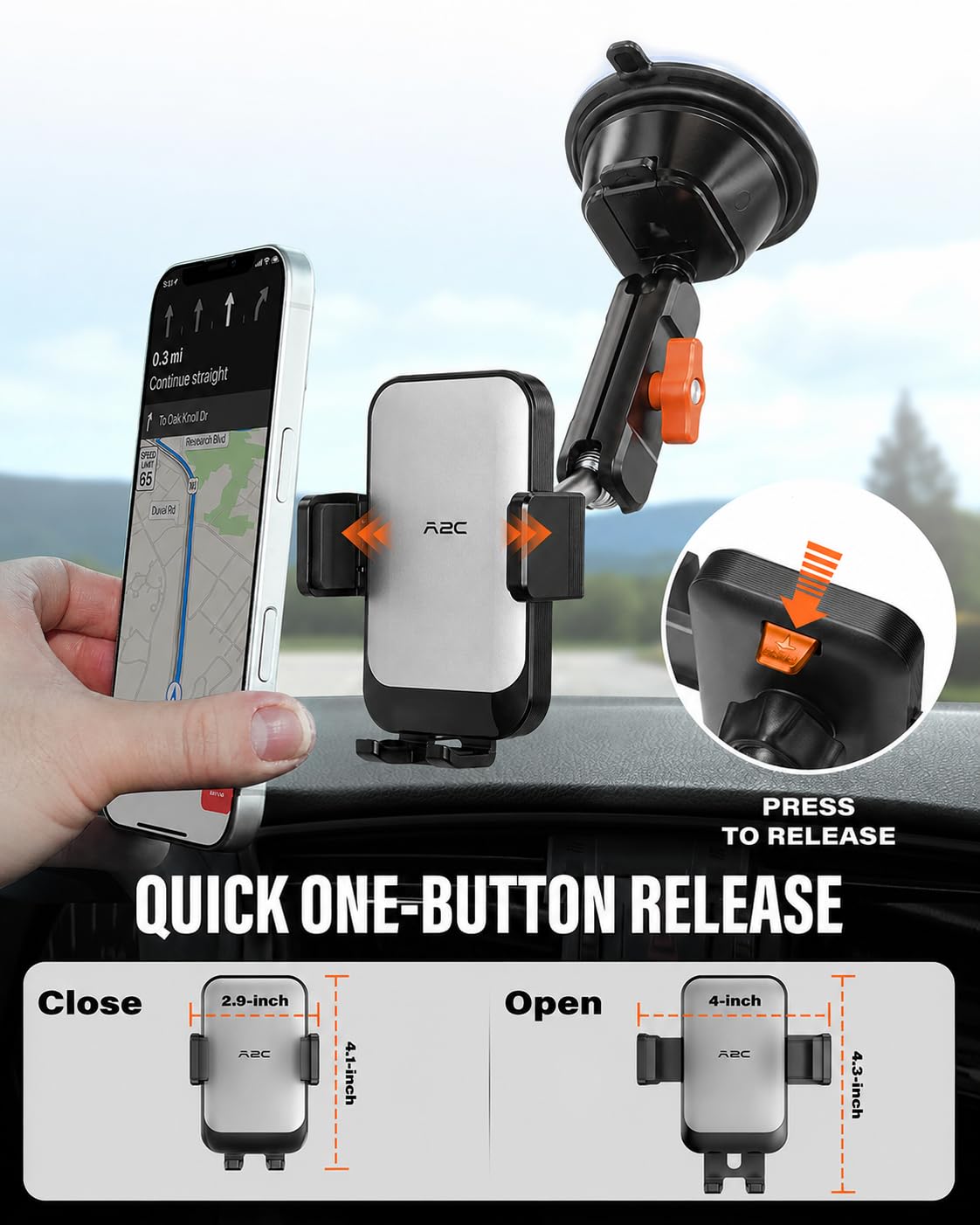 A2C Soporte de coche con doble ventosa de vacío resistente, soporte de teléfono para parabrisas con brazo de metal antivibración con liberación con una sola mano y rotación de 360° para iPhone y la