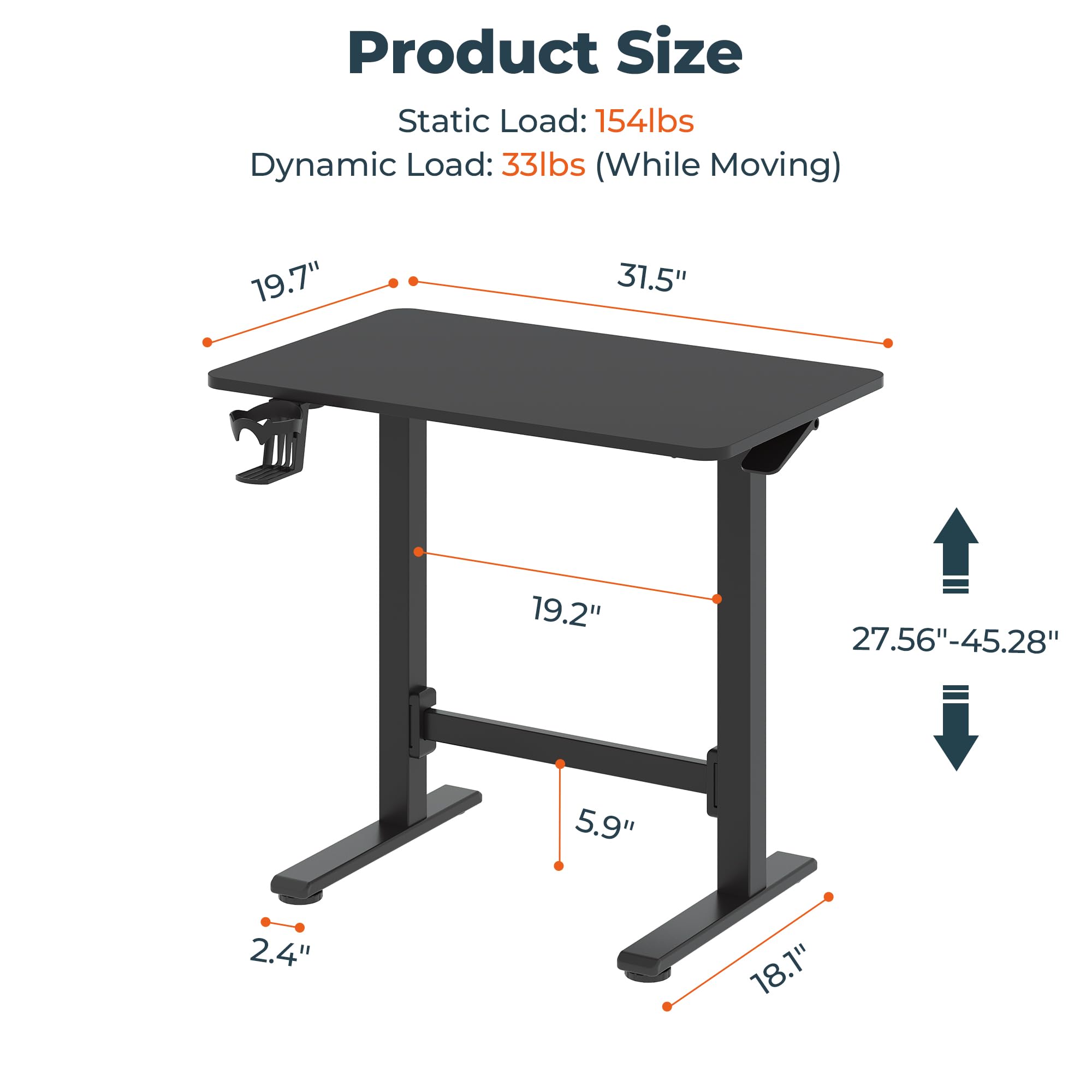Pneumatic Standing Desk 31 5 x 19 7 One-Piece Adjustable Height Home Office Desk Rolling Computer Workstation with — view 3