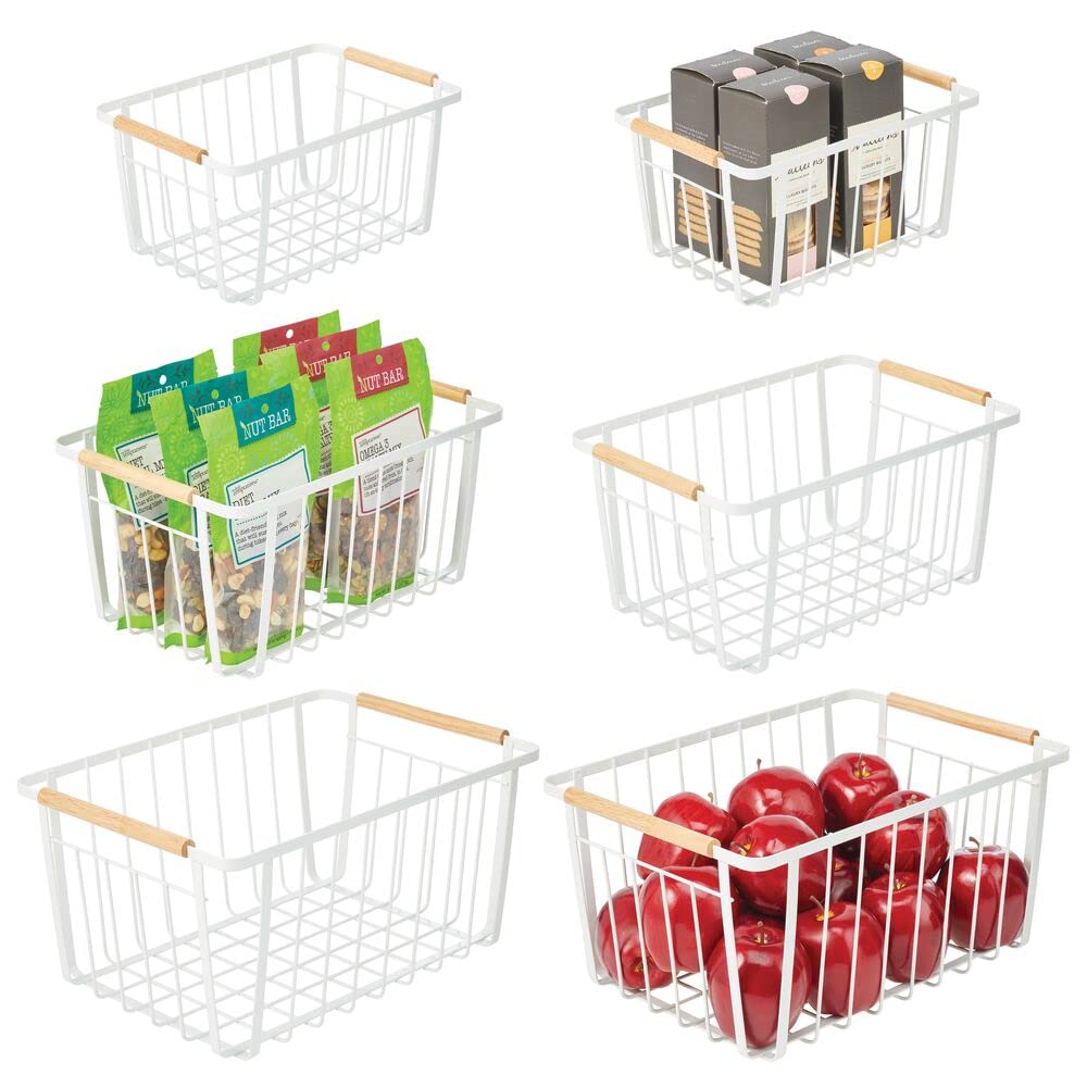 mDesign Metal Farmhouse Wire Organizer Storage Bin Basket with Handle - Rustic Container Organizers for Cabinet, Shelves, Counter, Bathroom, or Kitchen Pantry - Set of 6 - Matte White