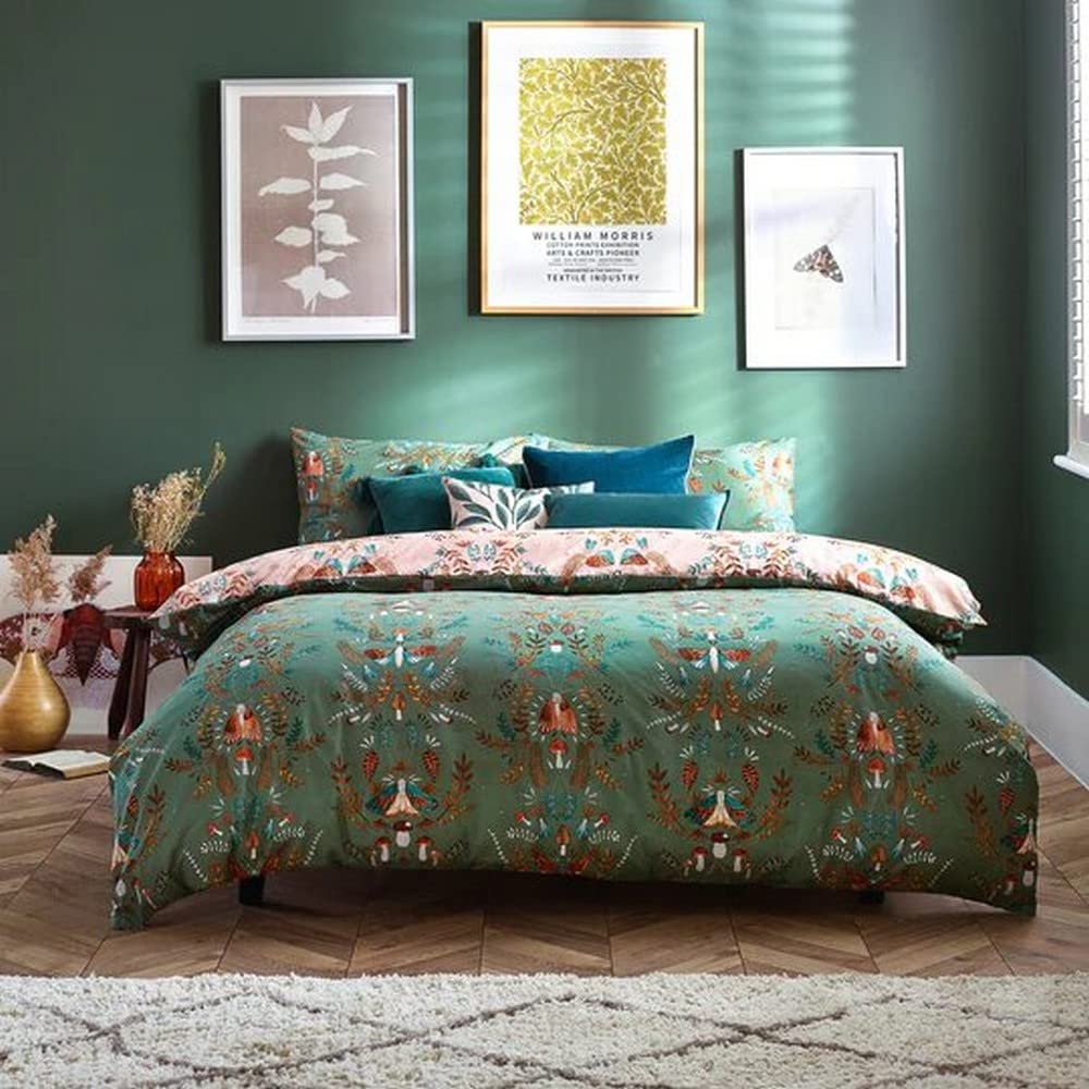 furn. Luna Wood Duvet Cover Set – Moth and Mushroom Print Bedding (Fern Green – King)