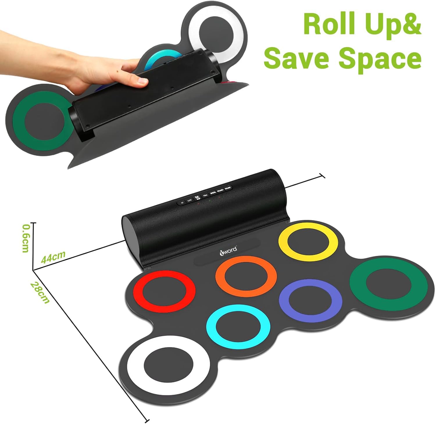 IWORD Set di batteria elettronica, pad per esercitarsi con batteria arrotolabile, con jack per cuffie, altoparlante integrato, pedali, bacchette, 10 ore di autonomia, ottimo regalo di compleanno per