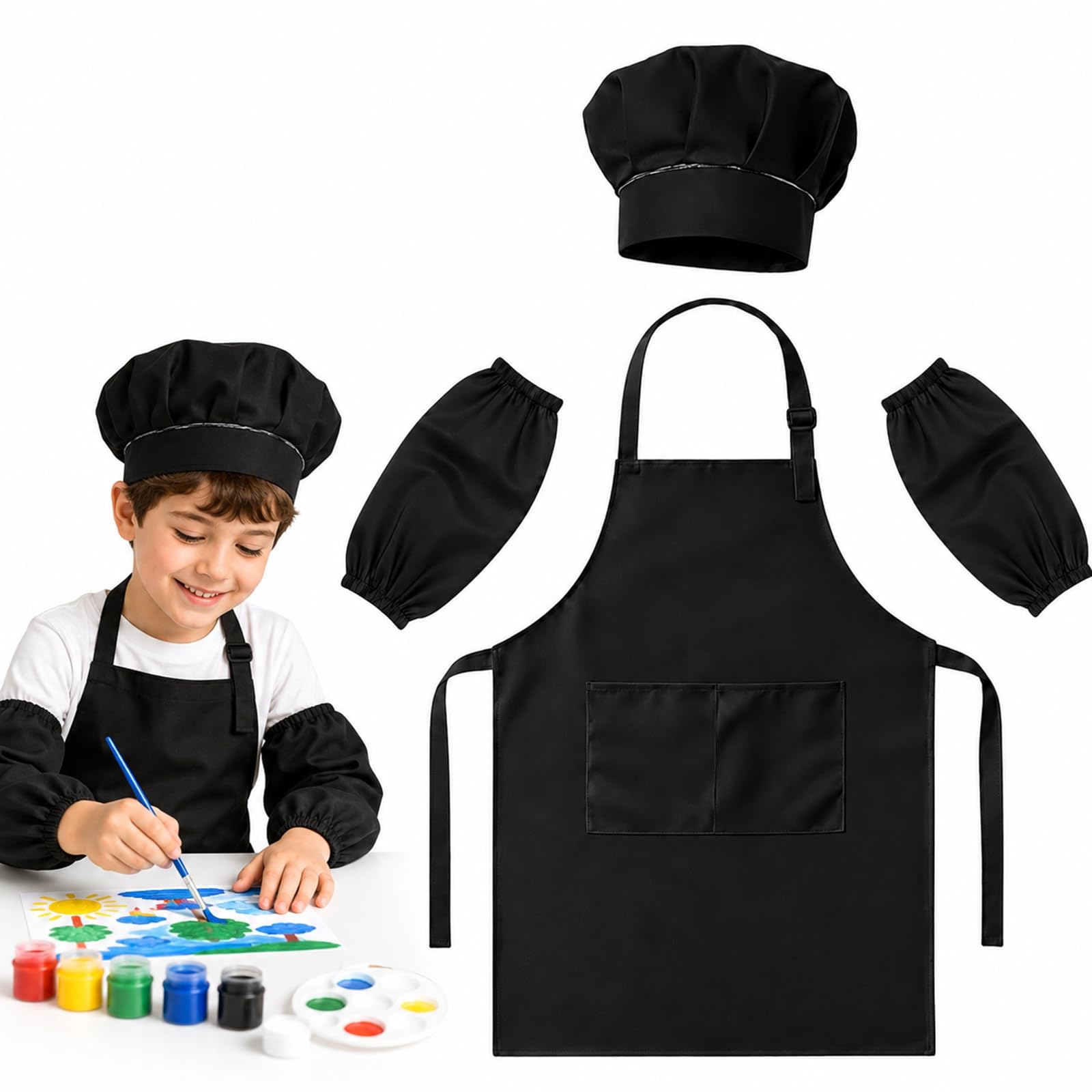 4-Piece Cooking Apron Set, Chef Hat And Sleeve Covers, Black, Ages 5-12