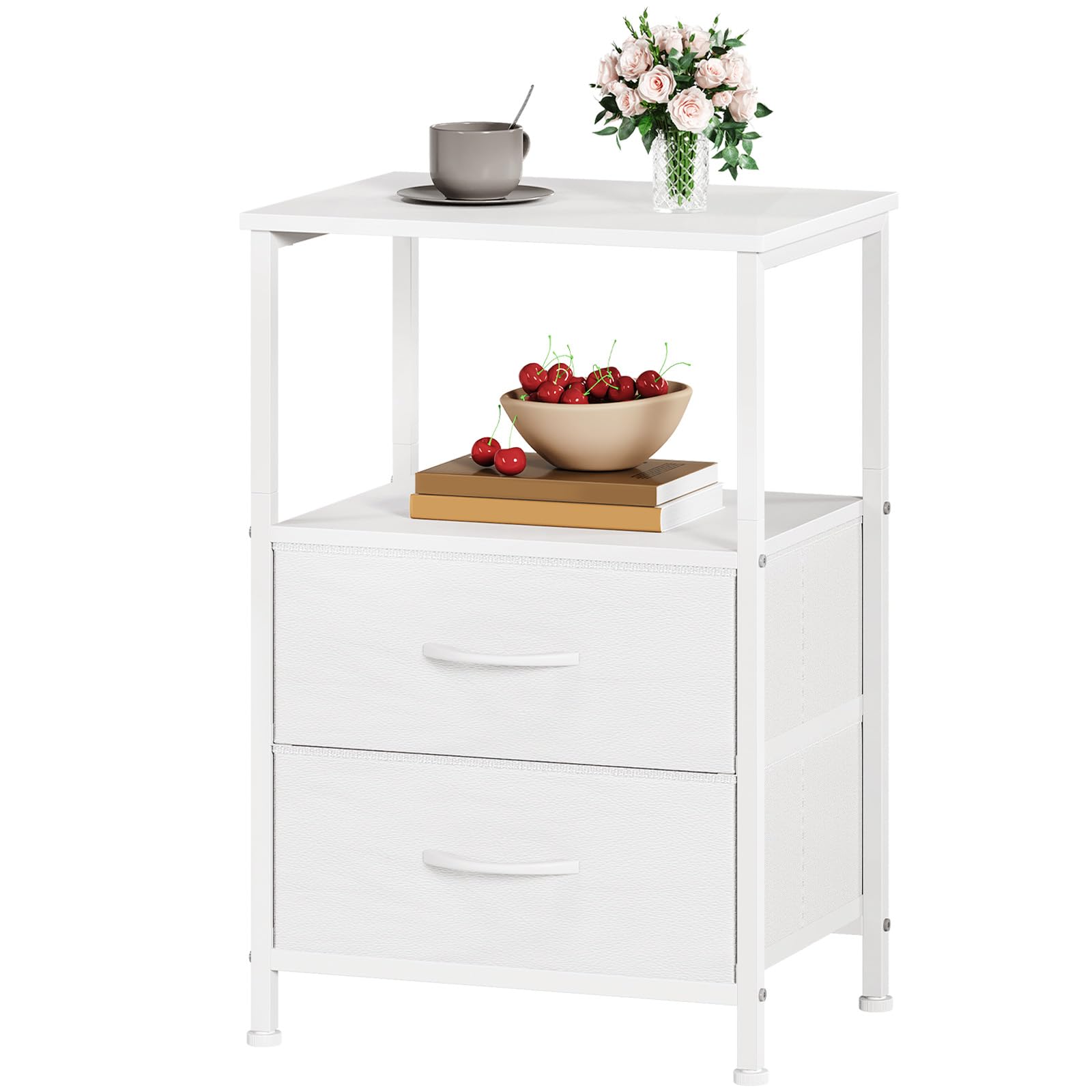 Somdot Bedside Table for Bedroom, Open Shelf, 2 Drawers, White