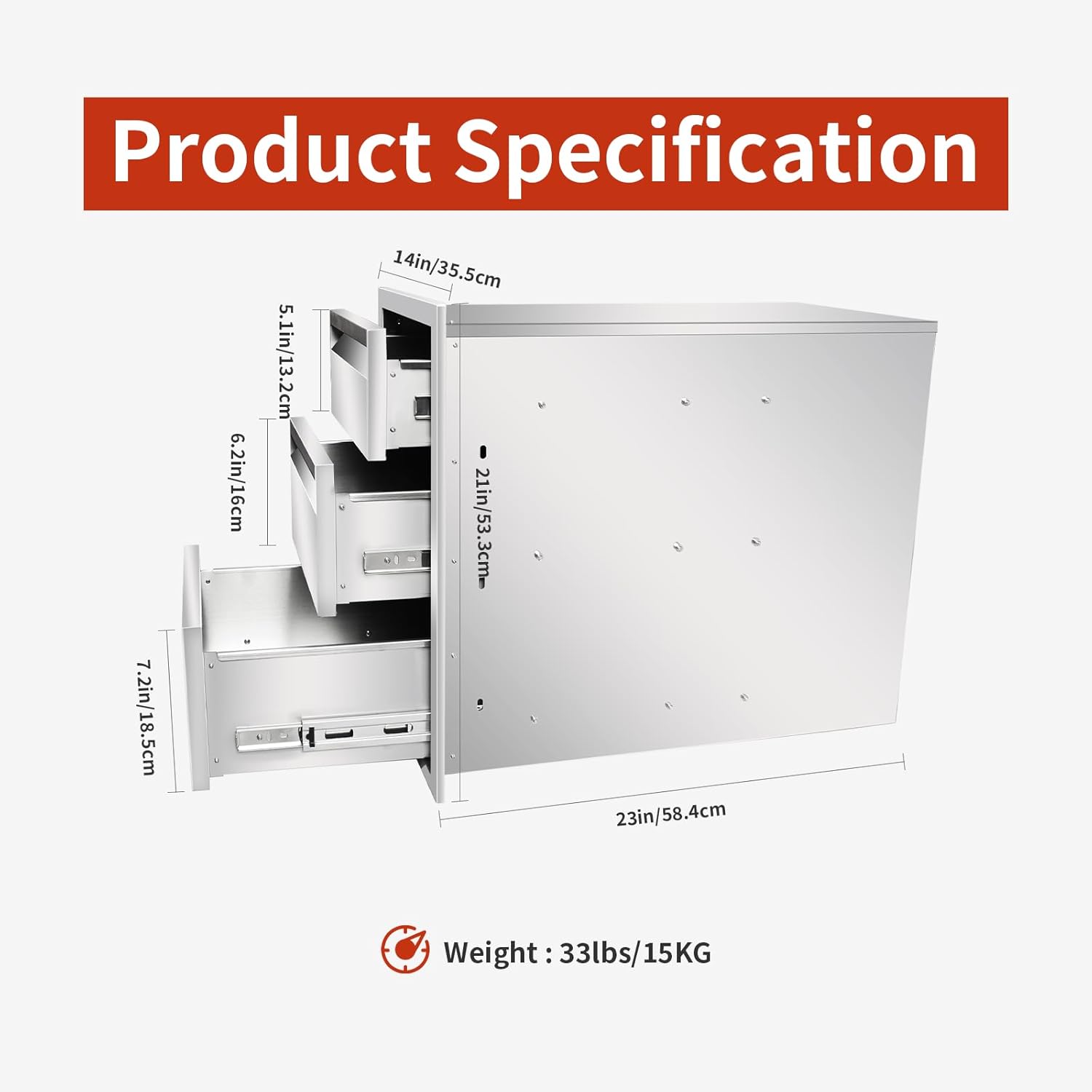 Outdoor Kitchen Drawers 14" W x 21" H x 23" D Triple BBQ Drawers Stainless Steel Built-in Drawer for Outdoor Kitchen Island, Patio Grill Station