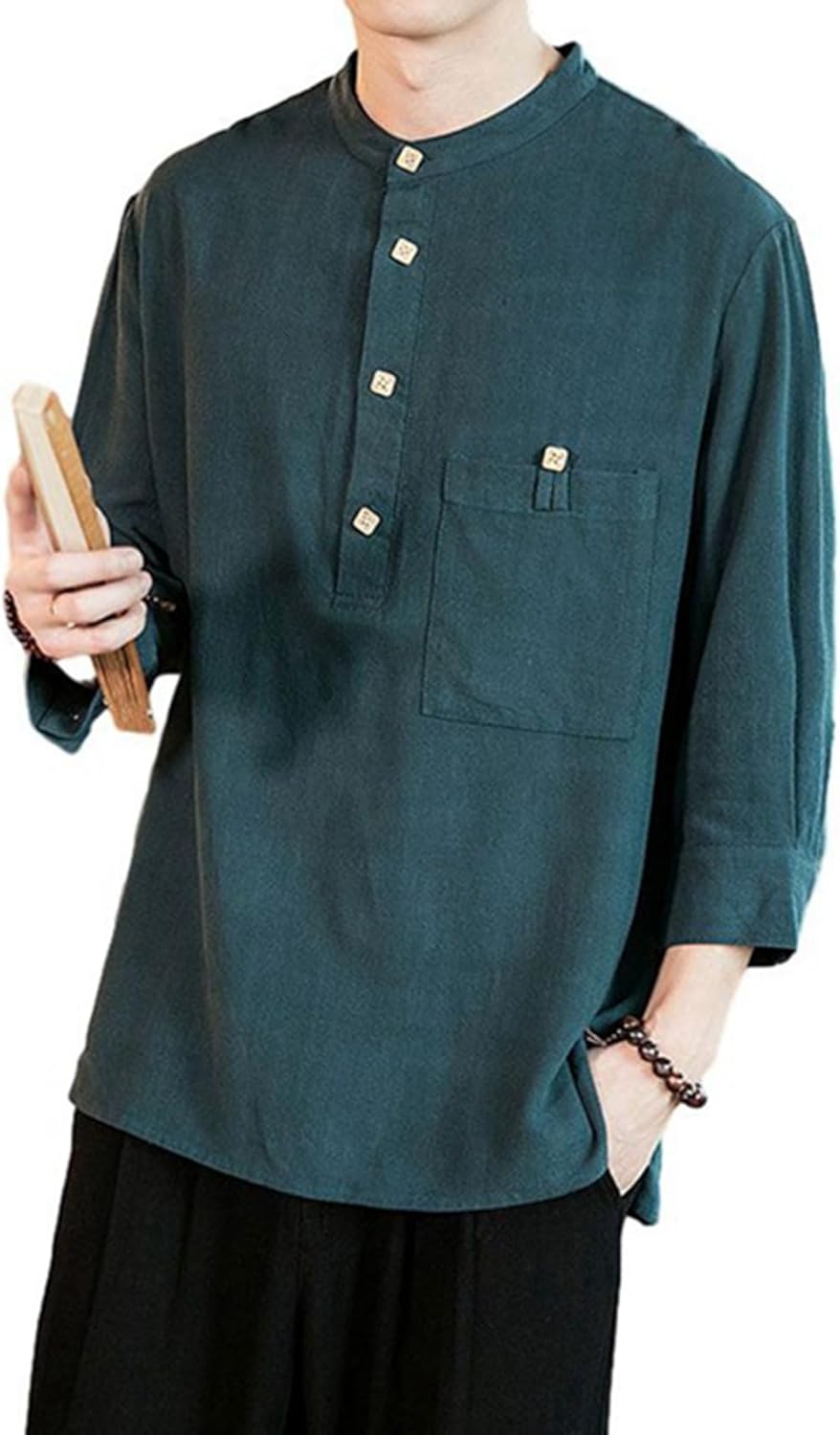 [WOOYOO] メンズシャツ 上下セット ポロシャツ Tシャツ 7分袖 綿麻 リンネル 5分丈パンツ 胸ポケット 丸首 夏着 短パ