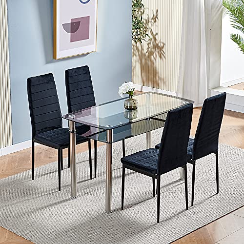 Modern Dining Room Black Glass Table and Velvet Chairs Set of 4, 5 Piece Small Kitchen Rectangular Table 120CM with Storage with 4 Black Velvet Chairs Set Fabric with Metal Legs Space-Saving