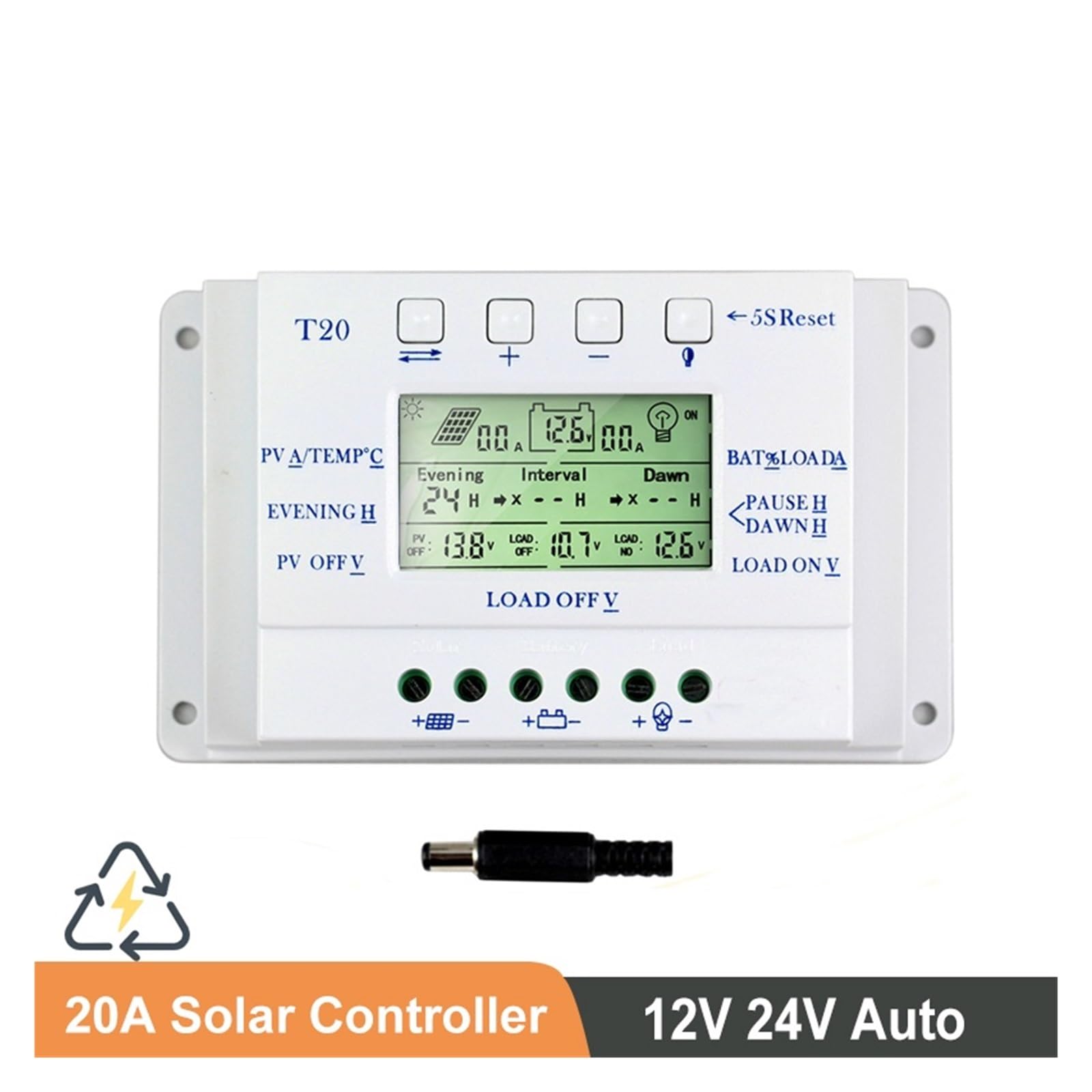 Contrôleur De Charge Solaire 20A, Panneau Avec Écran LCD 12V/24V, Fonction Double Minuterie Automatique, Régulateur T20