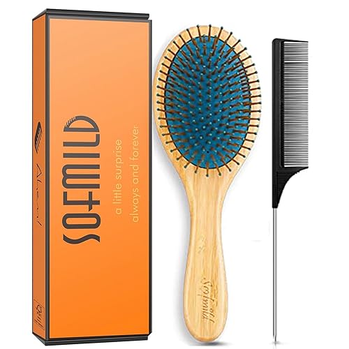 Sofmild Juego de peines de madera de bambú para el cabello, cepillos para mujeres, hombres, niños, desenredar el cabello con cerdas de punta redonda