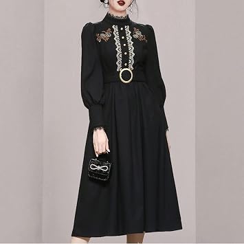 MARURY Womens Casual Summer Dresses, Lace Stand Sollar Embroidery Dress Ladies Lantern Sleeve Mid-Length Dresses