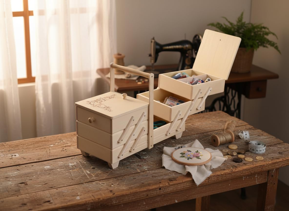 Grande Scatola da Cucito in Legno 32,5×40×22,5 cm - 7 Scomparti - Legno Naturale
