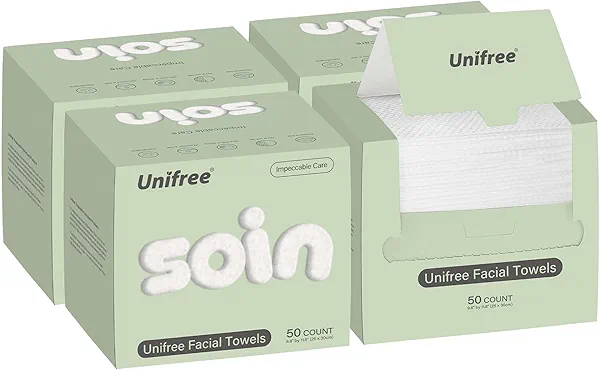 Unifree Facial Towels I Towelettes I Dry Wipes I Makeup Remover I Clean Facial Tissues in Box, Large Size 11.8 x 9.8 Inch, 50 Count Per Box, 4-boxes Value Pack, Total 200 Count