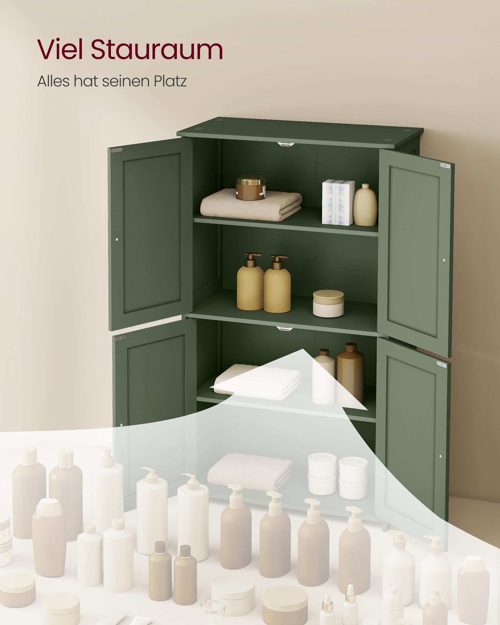 VASAGLE Badezimmerschrank, Badschrank im Shaker-Stil, mit 2 verstellbaren Ablagen, 4 Türen, Schrank für Badezimmer, Hochschrank, für Küche, waldgrün BBC553CH01