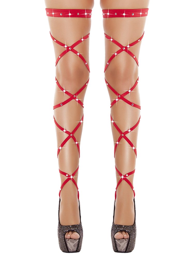 Women Criss Cross Glitter Thigh High Stockings Rhinestone Hollow Out Over Knee Strap Socks Club Tights (Red, ONE SIZE)