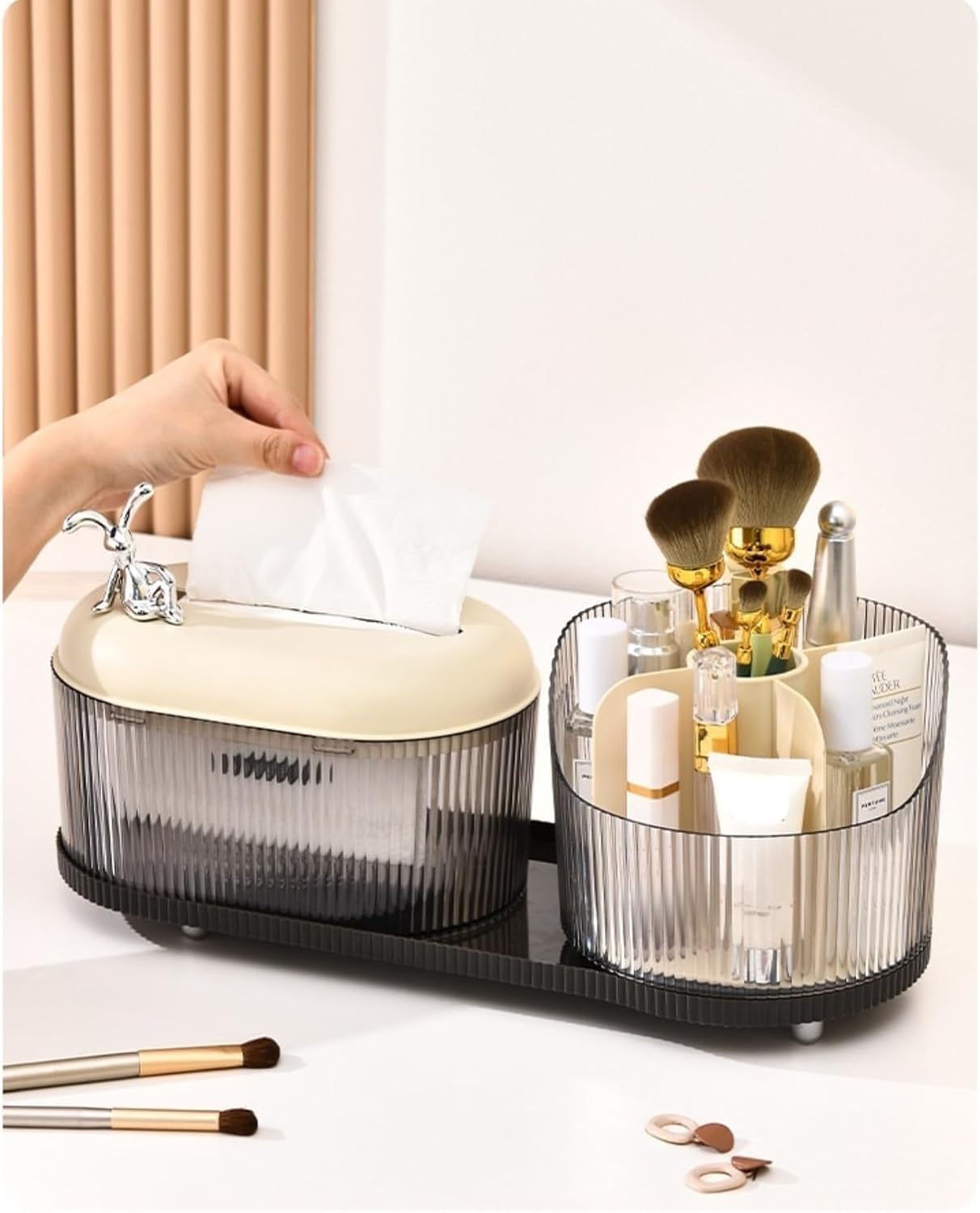 AMPLIN Modern Vanity Organizer Set with Tissue Box, Ribbed Glass Storage Container, Grey, 38x13.5x14.5cm, for Bathroom Countertop, Makeup Storage 1