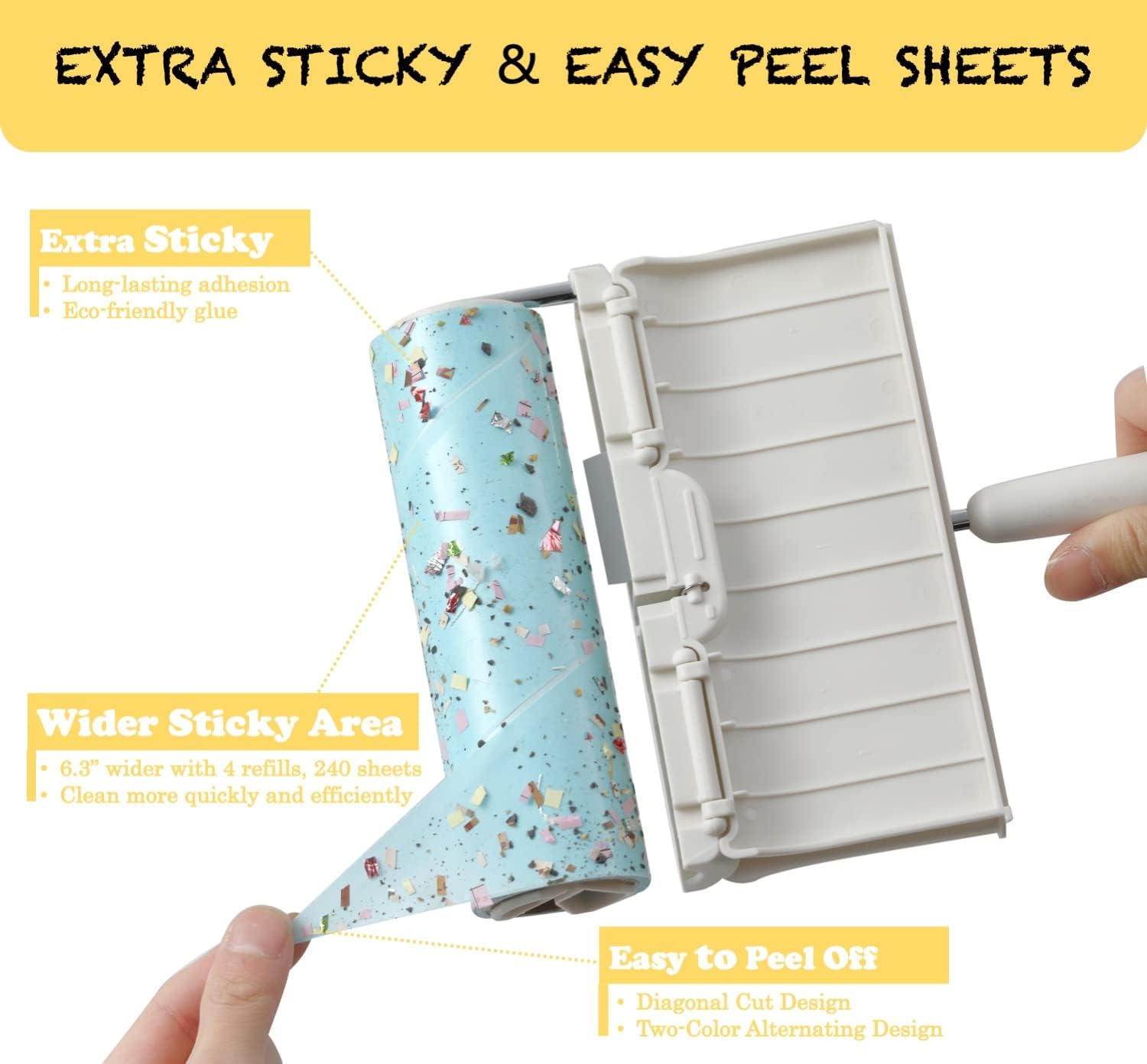 Long Handle Lint Roller 6.3", 240 Sheets Extra Sticky, Dust-Proof Cover | 4-pack refills, 60 sheets each. Extendable handle cleans floors, carpets, sofas without bending. for pet hair, lint, dust.