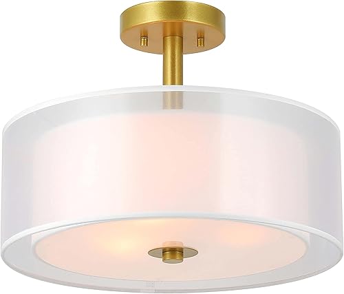 XiNBEi Lighting XB-SF1194-GB XB-SF1194-GB - Lámpara de techo semiempotrada de 16 pulgadas con pantalla de tela, acabado de latón dorado