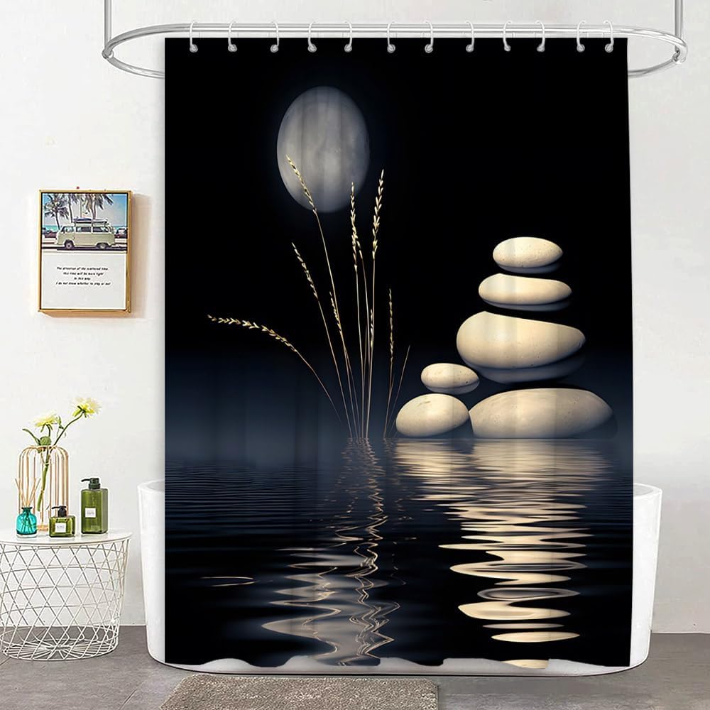 Zen Stone Shower Curtain Asian Japanese Spa Moon Black Minimalist Fabric Bathroom Decor Curtain with Hooks, 70Wx90H
