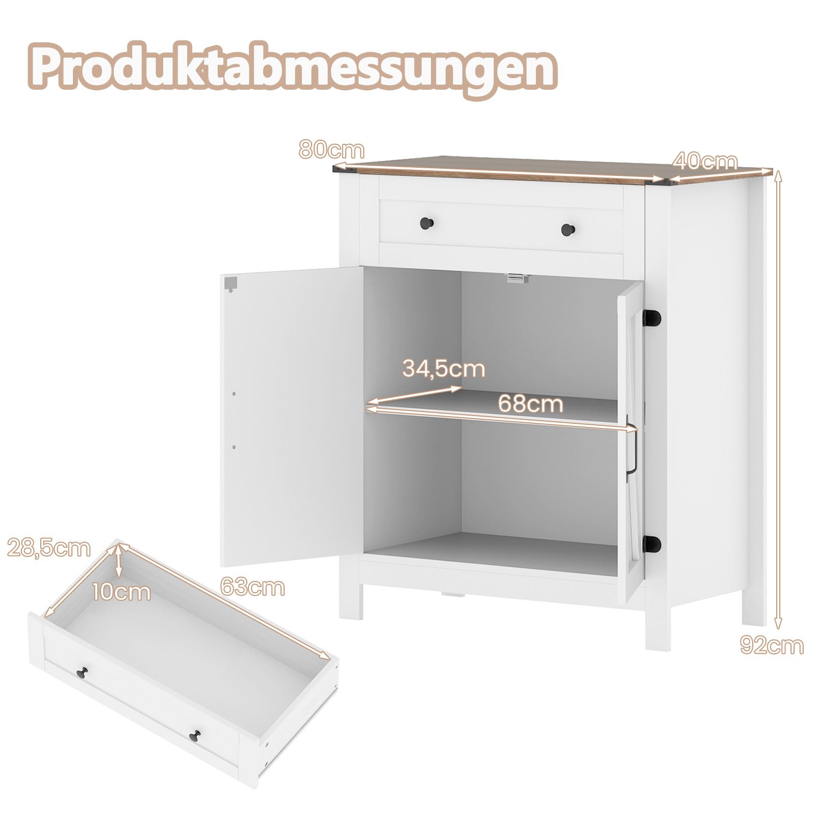 GIANTEX Sideboard Küche, Küchenschrank Kommode mit Arbeitsplatte, Buffetschrank mit Schublade & Verstellbarem Regal, Beistellschrank Holz Landhausstil, Mehrzweckschrank Stehend, 80 x 40 x 92 cm, Weiß
