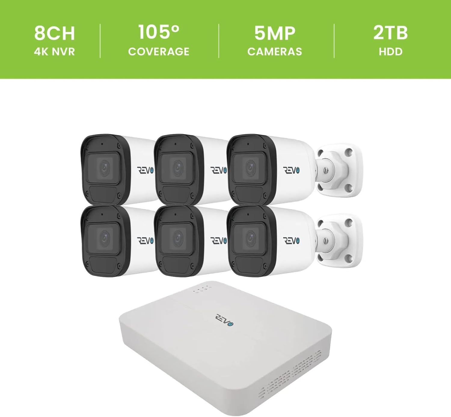 Revo Ultra Blue Series 8CH 4K POE H.265 NVR, 2TB & 6X 5 Megapixel Indoor/Outdoor IR Cameras with Built-in Mic – Remote Access Via Pc, Mac & Phone (No Monhly Fee) image 3 of 10 B0F8R12TBV