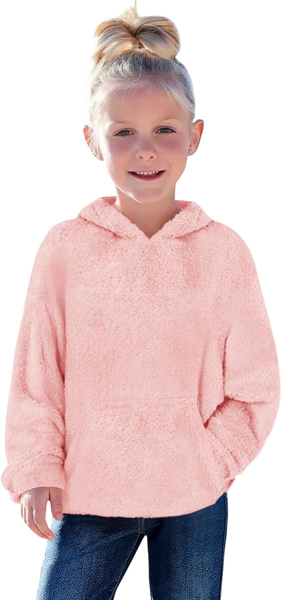 Haloumoning Sudaderas con capucha de forro polar borroso para niñas pequeñas Sudaderas sin mangas para niños | Conjuntos para niños pequeños, ropa para bebés, sudadera cálida con capucha, con bolsillos, liso