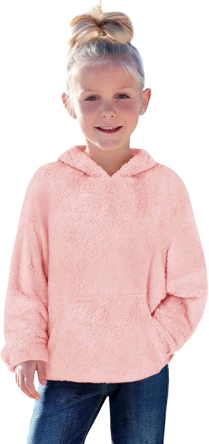 Haloumoning Toddler Girls Fuzzy Fleece Hoodies Baby Kids Warm Pullover Hooded Sweatshirt with Pockets