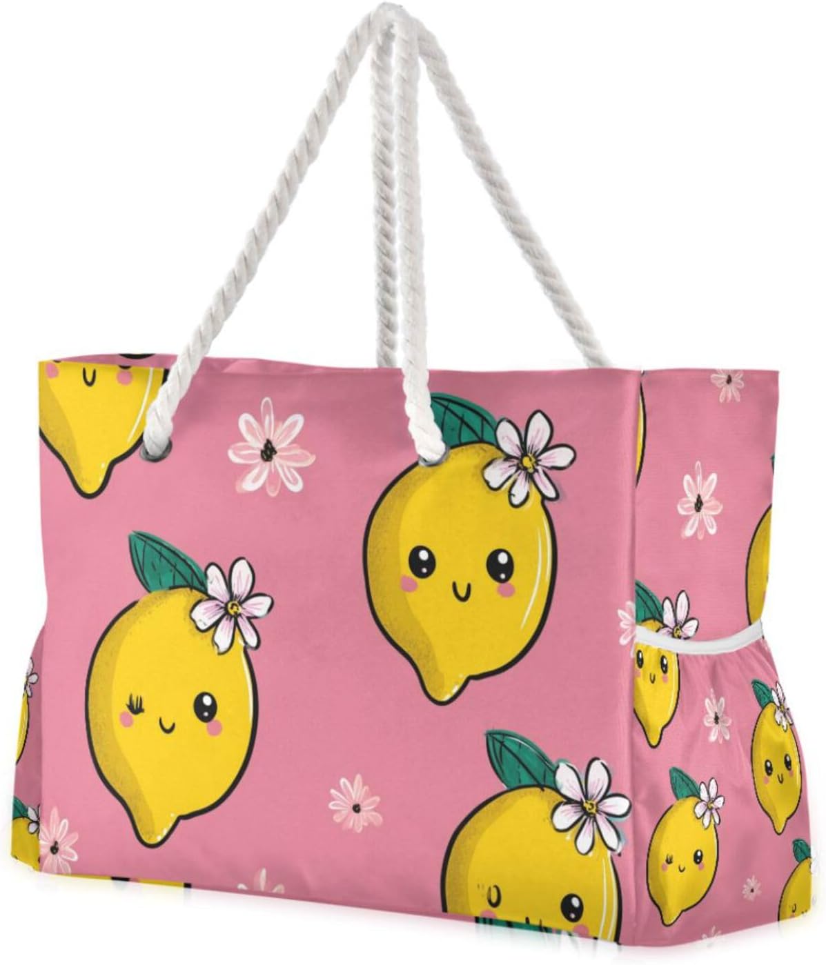OTVEE Lemons and Pink Flower Pattern Beach Bags for Women Ladies Large Canvas Tote Shoulder Bag Waterproof Travel Bags for Gym Swim Pool Camping