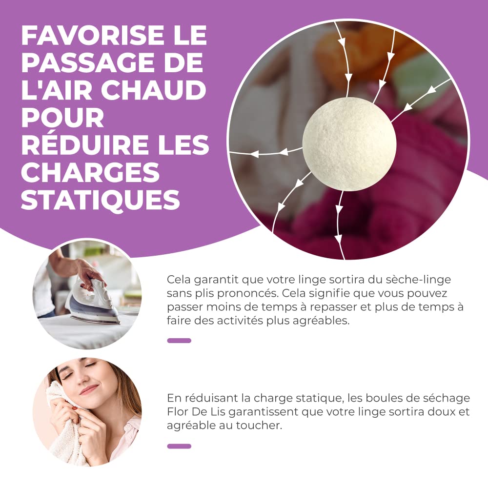 Flor De Lis Boule de Laine pour Sèche-Linge Avec Adoucissant à l'Huile de Talc - 6 Pièces, Laine Mérinos de Nouvelle-Zélande, 10ml Parfum Poudre Bébé - Réutilisables jusqu'à 1100 Fois