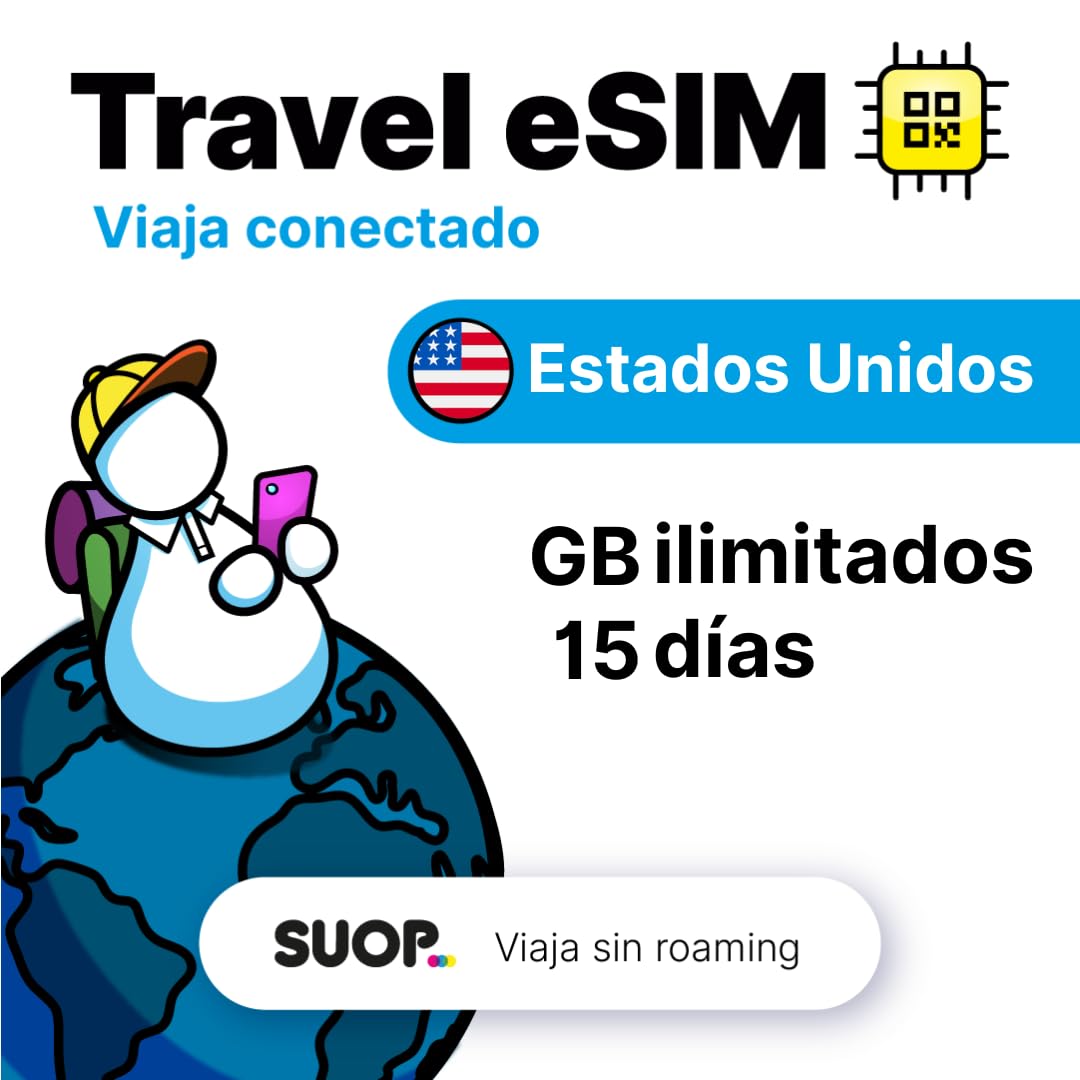 eSIM prepago con Datos ilimitados para EEUU. Tarjeta prepago móvil para Viajar por Estados Unidos sin Roaming. Conexión de Datos 5G de Alta Velocidad. eSIM USA (GB ilimitados - 15 días)
