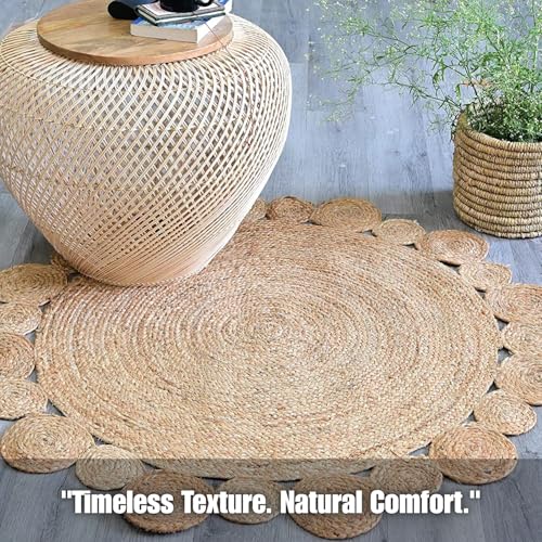 Image of Rounds Jute Carpet - Handwoven Natural Fiber Rug for Living Room, Bedroom, Entryway | Boho Chic Eco-Friendly Area Rug | Rustic Designer Floor Mat:-(Jute Tikki, 6x6 feet