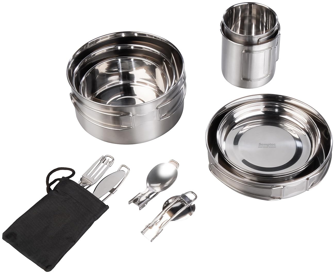 Semptec Urban Survival Technology Camping-Pfanne: 24-teiliges Edelstahl-Camping-Kochgeschirr-Set mit Besteck und Tasche (Outdoor-Geschirr, Topfset)