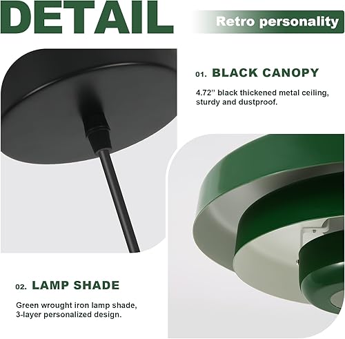 Miniatura 5 de Lámpara colgante verde de mediados de siglo, moderna lámpara colgante colgante de 3 capas de metal grande de granja, lámpara colgante de techo con