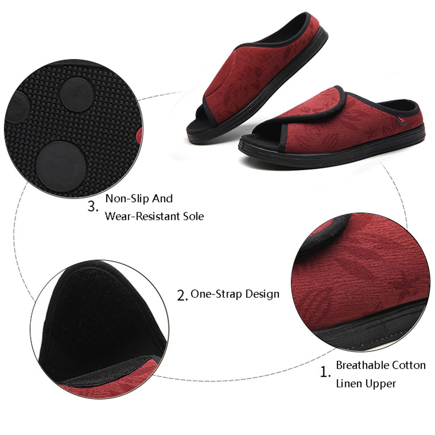 Scarpe per Diabetici Estive Donna con Strappo per Diabetici, Pianta Larga Estive Pantofole Aperto Molto Larghe, Sandali Aperto per Anziani Artrite Edema Gonfiore Slipper Red,38