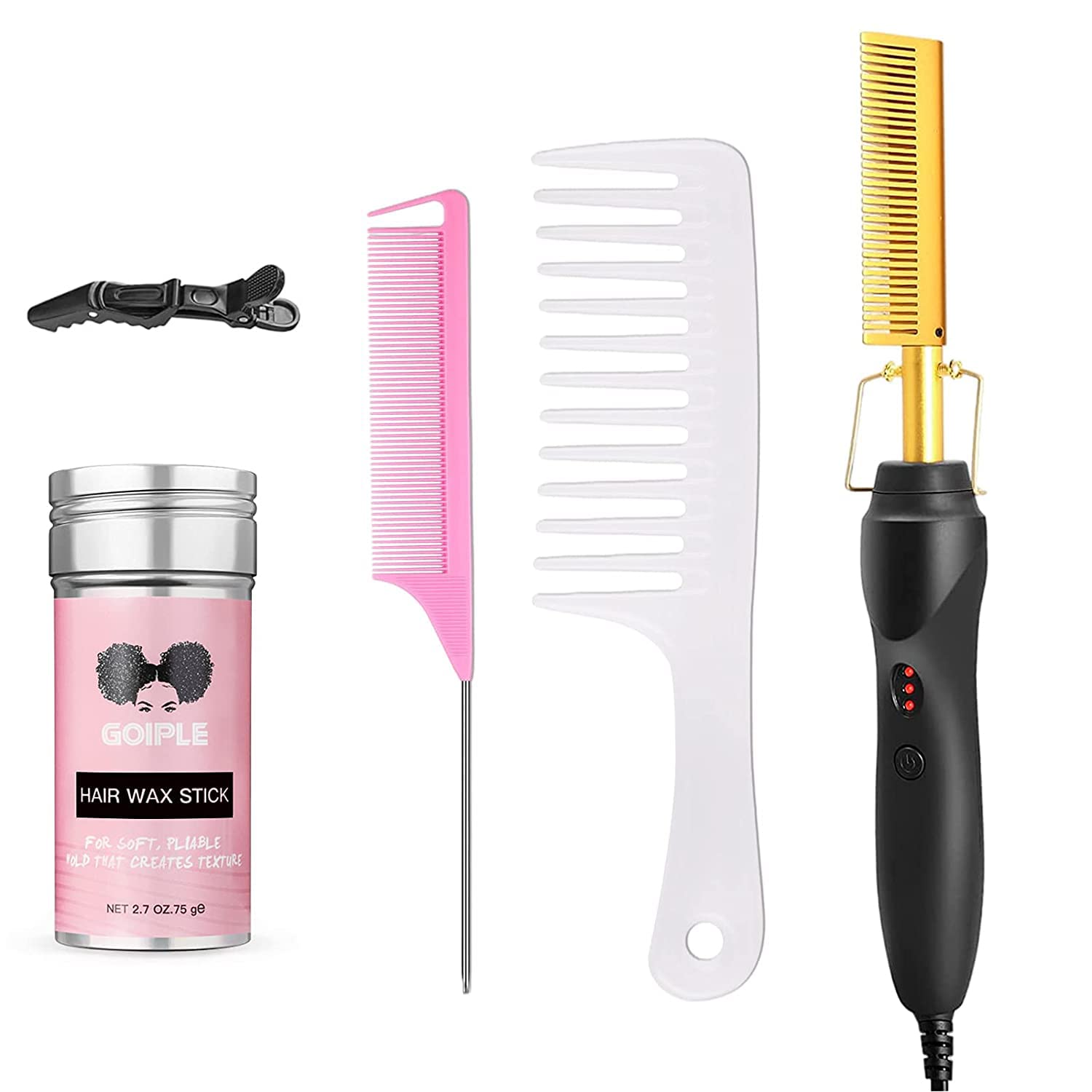 Electric Hot Comb Hair Straightener Electrical Straightening Comb Curling  Iron for Natural Black Hair Wigs with Wide Tooth Comb, Rat Tail Comb, Wax