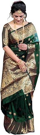 Mirraw Womens Green Banarasi Silk Saree with Gold Zari Work | Woven Design Festive Ethnic Wear | Traditional Silk Saree with Blouse