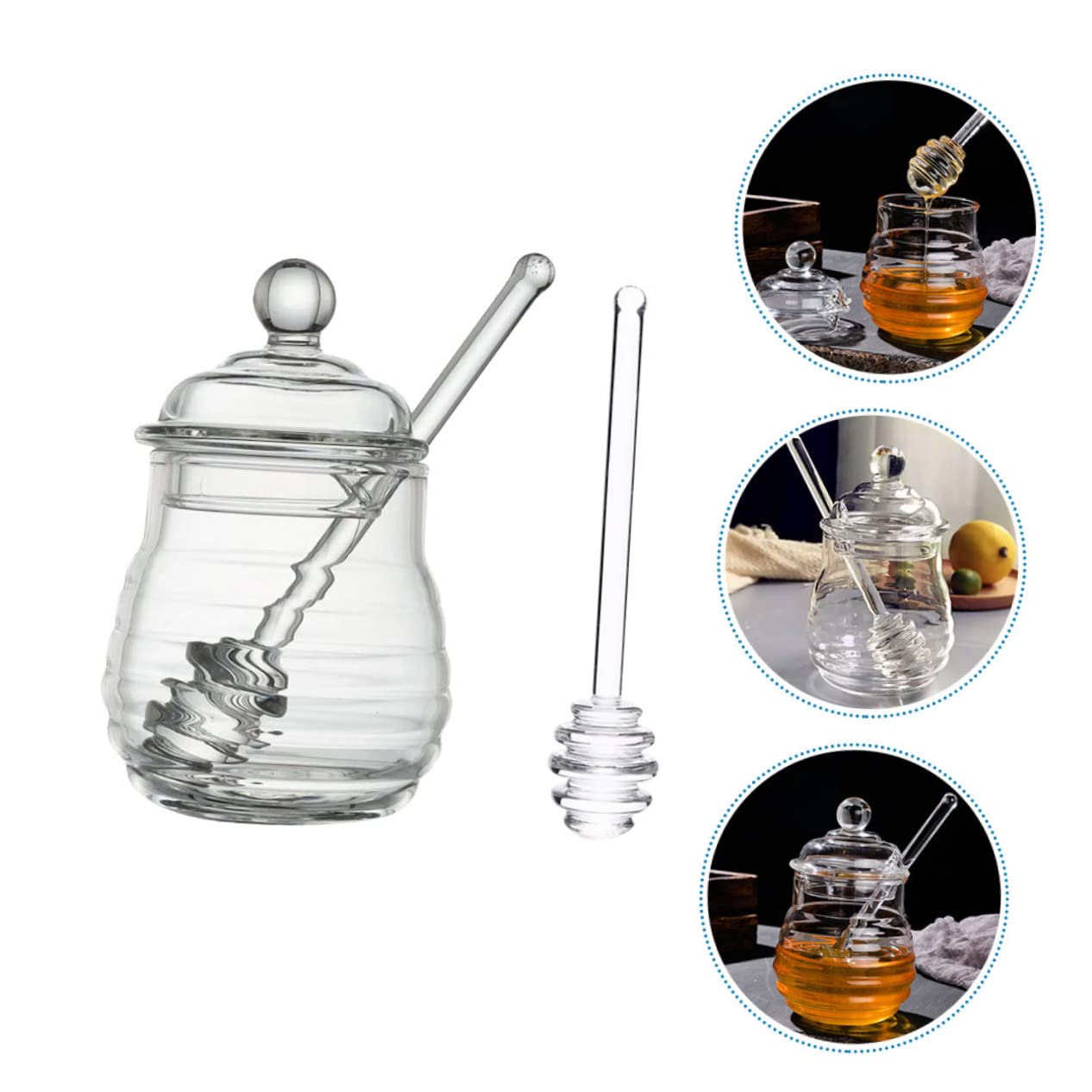 CIYODO Set of Honey Jar Pot Dipper Glass Honey Jar Lids Honey Storage Pot for Home