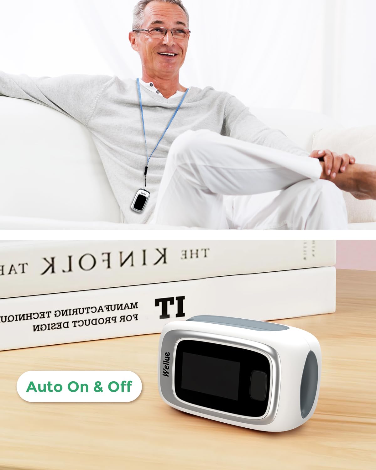 A person wearing the ViATOM Pulse Oximeter on their finger while relaxing on a couch, highlighting the device's auto on/off feature.