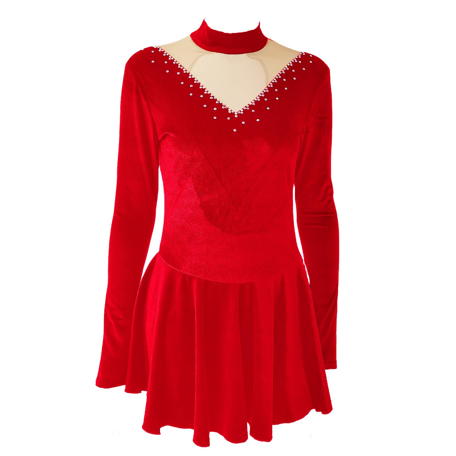LIUHUO Ice Figure Skating Dress Girls' Elegant Red Handmade Crystal Long Sleeves Competition Performance