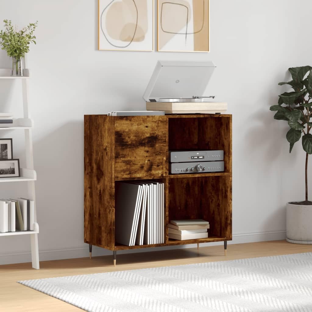 Armadio per dischi in rovere affumicato, 84,5 x 38 x 89 cm, grande armadietto per dischi in legno e ferro, stabile scaffale in vinile con gambe in metallo, per collezione LP e giradischi