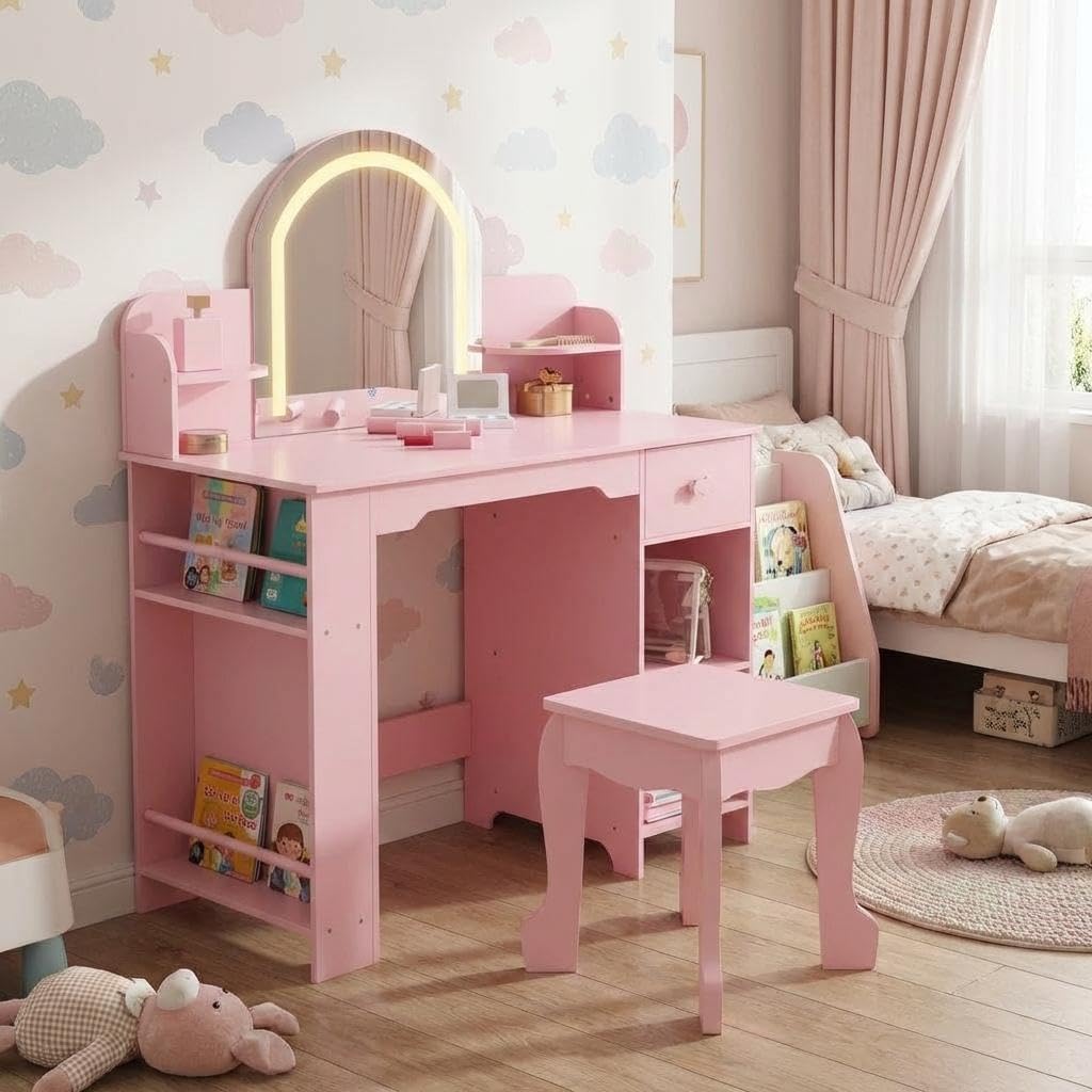 GAOMON Lighted Mirror Kids Vanity Table & Chair Set – Wooden Princess Makeup Desk with Bookshelf, Storage Drawer, Open Shelves – Perfect for Girls' Bedroom or Playroom – Purple Belt Accessories