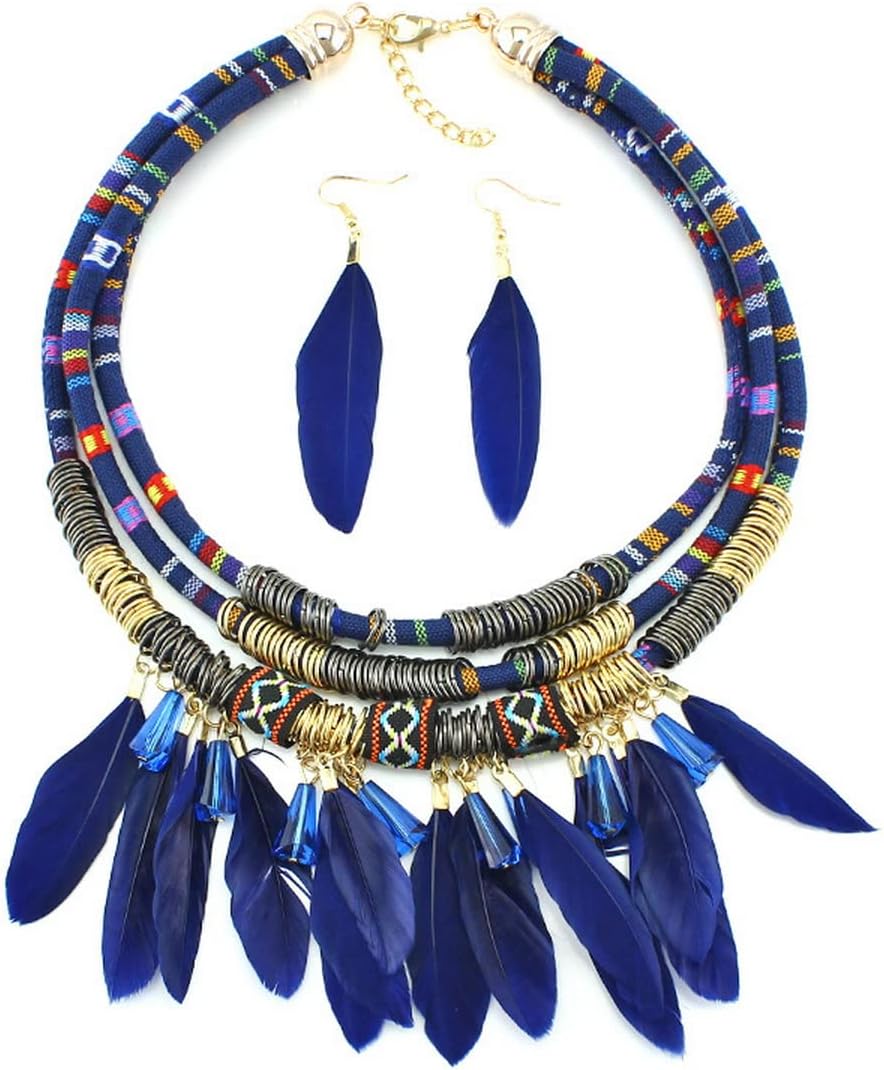 Tribal Choker Necklace and Feather Earrings Set for Women,Boho Chunky Layered Bib Necklace African Ethnic Necklace,Woven Layering Collar Necklace Cleopatra Costumes Statement Fashion Jewelry