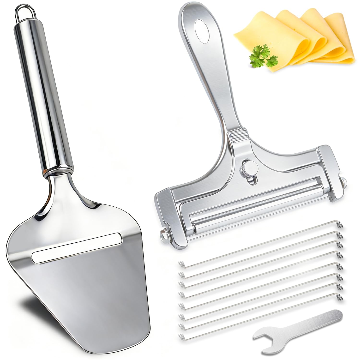 2 Pack Cheese Slicers, AIDOIT Stainless Steel Wire Cheese Slicer with Cheese Plane Tool, Adjustable Thickness Cheese Cutter with 8 Extra Wires for
