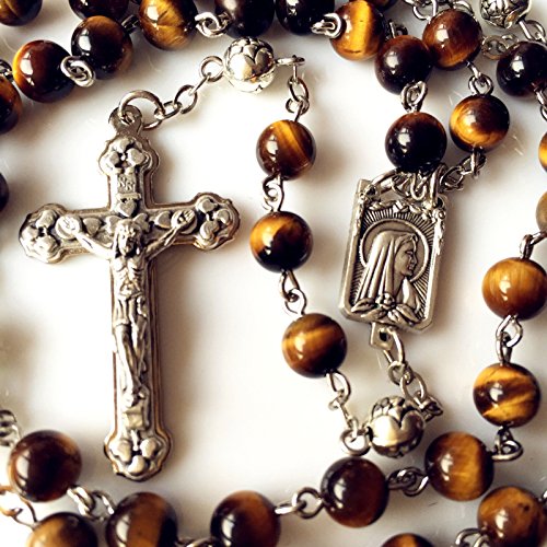 elegantmedical CATHOLIC Tiger Eye & Silver Rose Beads ROSARY CROSS crucifix necklace2