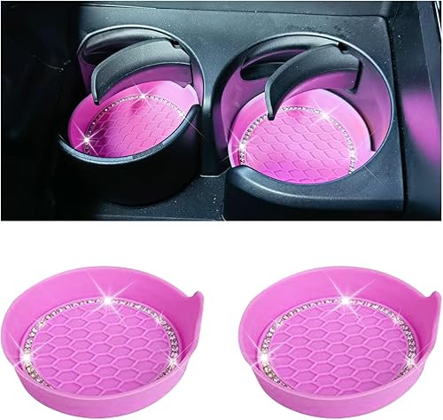 Miniatura 1 de 2 posavasos brillantes para automóvil, 2.85 pulgadas, universales, de silicona, antideslizante, con inserción, tapete de cristal con diamantes de